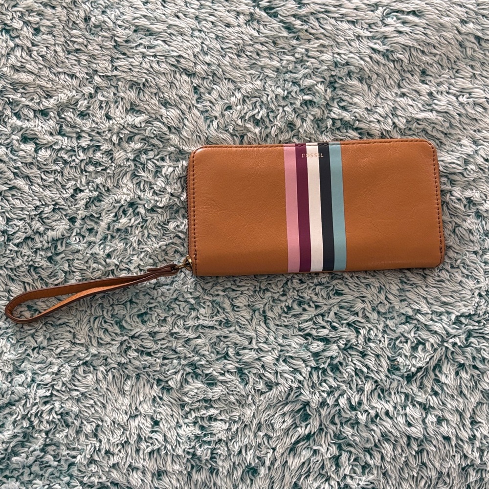 Fossil Tan Leather Wristlet with Multicolor Stripe Accent